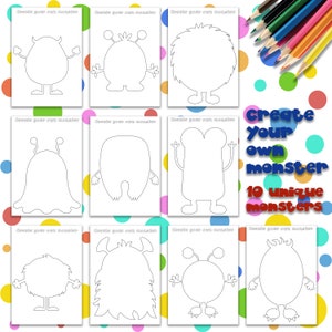 Créez vos propres monstres Feuilles d'artisanat imprimables, feuilles d'activités, kit de bricolage en papier, bricolage pour enfants Monstres à colorier, 10 monstres uniques