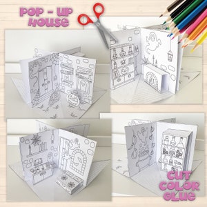 Livre pop-up de sorcière hantée d'Halloween, maison hantée à imprimer, activité d'Halloween, maison à colorier, maison de poupée pop-up, bricolage d'Halloween