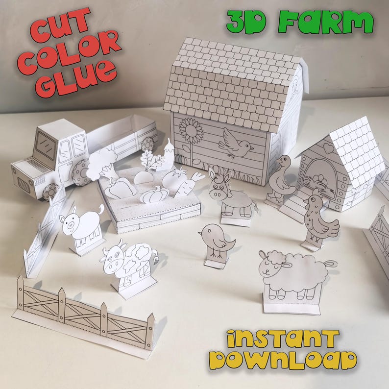 May include: A collection of printable 3D farm-themed paper crafts. Includes a truck, barn, animals, and garden elements. The words "CUT COLOR GLUE", "3D FARM", and "INSTANT DOWNLOAD" are displayed in the image.