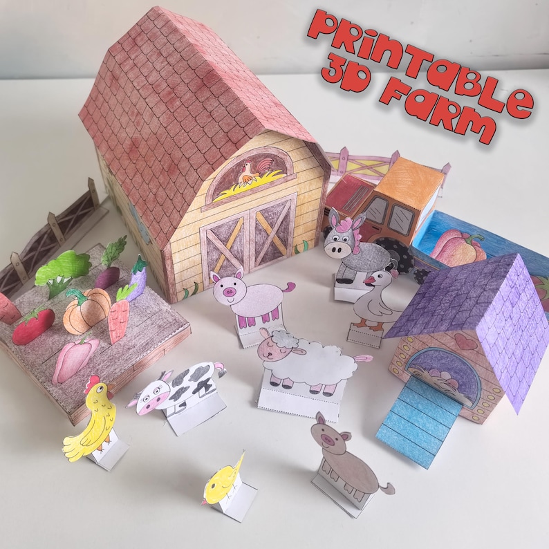 Farm 3d Paper template Printable Craft Sheets, Farm diorama, Activity Sheets, Paper Craft Kit, Farm Coloring pages, animals barn 3d paper image 3