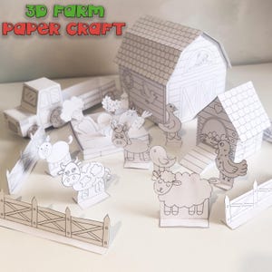 May include: A 3D paper craft farm scene with a barn, truck, and various farm animals. The scene includes a cow, sheep, donkey, and chicken. The text "3D Farm Paper Craft" is at the top of the image.