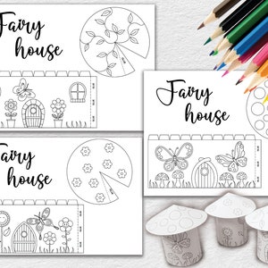 Modelli di case di carta delle fate, fogli di lavoro stampabili, fogli di attività, kit di carta per lavori manuali, pagine da ritagliare e colorare, lavori artistici per bambini, case da colorare