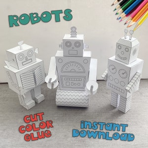 Modelli di robot Fogli di lavoro stampabili, Fogli di attività, Kit di lavoro di carta, Robot da colorare, Robot 3D, Set di robot giocattolo di carta, Robot da piegare
