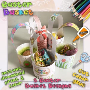 Modèle de panier de Pâques Feuilles d'artisanat imprimables, Feuilles d'activités, Kit d'artisanat en papier, Paniers de Pâques à colorier, lapin kawaii doux