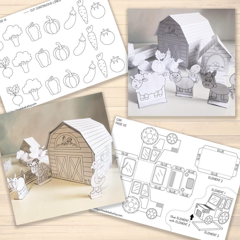 May include: A collection of printable paper crafts featuring a farm theme. Includes outlines of a barn, farm animals, vegetables, and a car. The designs are in black and white, ready for coloring and assembly. Text on the pages includes "CUT CONTINUOUS LINES" and "CAR PAGE V2".