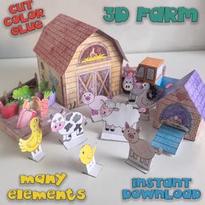 Plantilla de papel 3D de granja, hojas de manualidades imprimibles, diorama de granja, hojas de actividades, kit de manualidades de papel, páginas para colorear de granja, animales de granero en papel 3D