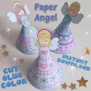 May include: Three colorful paper angel crafts with wings, halos, and patterned dresses. The text "Paper Angel" and "Instant Download" are visible. The instructions "Cut, Glue, Color" are also displayed. Glitter stars are scattered around the angels.