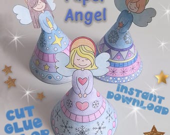 May include: Three colorful paper angel crafts with wings, halos, and patterned dresses. The text "Paper Angel" and "Instant Download" are visible. The instructions "Cut, Glue, Color" are also displayed. Glitter stars are scattered around the angels.