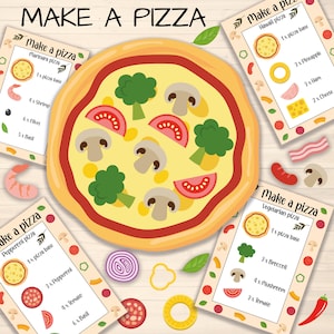 Może przedstawiać: Drukowana gra do robienia pizzy. Gra zawiera cztery różne przepisy na pizzę: Marinara, Hawajska, Pepperoni i Wegetariańska. Każda karta z przepisem zawiera listę składników potrzebnych do pizzy, w tym liczbę każdego składnika. Gra zawiera również zdjęcie pizzy ze wszystkimi składnikami.
