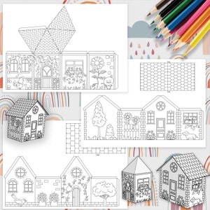 Paper Houses template Printable Craft Sheets, Activity Sheets, Paper Craft Kit, Cut and Color pages Arts and Crafts for kids Coloring house