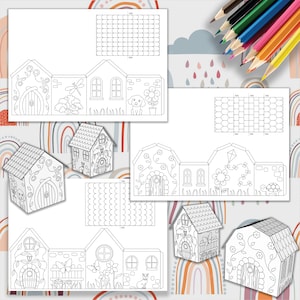 Modello Case di carta Fogli creativi stampabili, Fogli attività, Kit creativi con la carta, Pagine ritagliate e colorate Arti e mestieri per bambini Casa da colorare