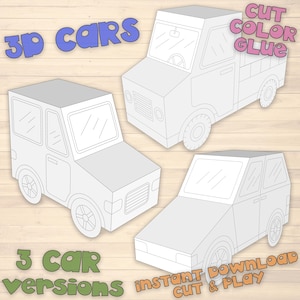 Plantillas de coches, hojas de manualidades imprimibles, hojas de actividades 3D de coches en papel, kit de manualidades de papel, coches para colorear, coches para doblar