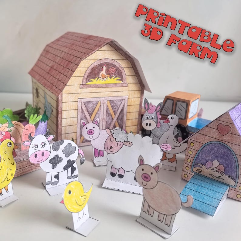 Farm 3d Paper template Printable Craft Sheets, Farm diorama, Activity Sheets, Paper Craft Kit, Farm Coloring pages, animals barn 3d paper image 4