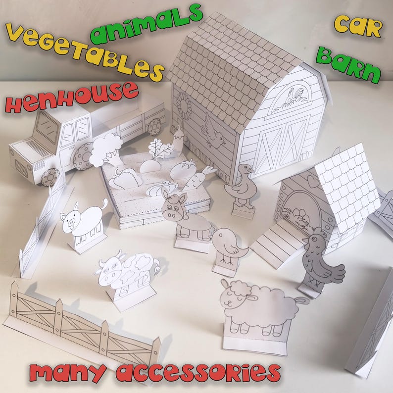May include: A white paper farm playset with a barn, hen house, truck, fence, and various farm animals and vegetables. The words "Vegetables", "animals", "Car Barn", "Henhouse", and "many accessories" are written on the image.