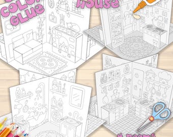 Pop-up Paper House template Printable Craft Sheets, Activity Sheets, Paper Craft Kit, Coloring house, pop-up dollhouse, pop-up book