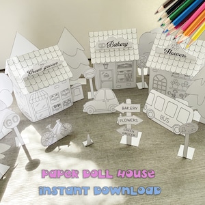 Plantilla de casas y edificios de papel Hojas de manualidades imprimibles, kit de manualidades de papel, páginas a color Manualidades para niños Juego de casas para colorear, casa de muñecas de papel