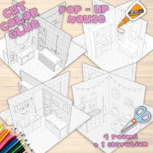 Modèle de maison en papier pop-up, feuilles d'activités imprimables, kit de bricolage en papier, maison à colorier, maison de poupée pop-up, livre pop-up