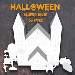 Modello casa di carta di Halloween Stampabile, casa di carta stregata, pagine a colori di Halloween Artigianato per bambini, set di casa di Halloween, casa di Halloween 3D