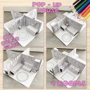 Modèle de maison en papier pop-up, feuilles d'activités imprimables, kit de bricolage en papier, maison à colorier, maison de poupée pop-up, livre pop-up