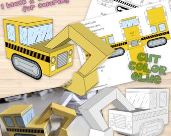 Excavator template Printable Craft Sheets, Excavator paper 3D Activity Sheet, Paper Craft Kit, Coloring Excavator, vehicle 3d, paper vehicle