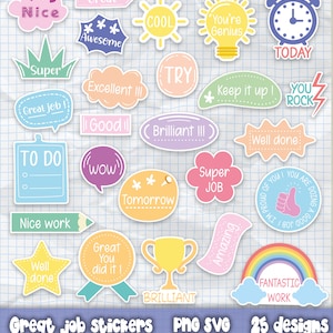 Puede incluir: Un conjunto de 25 pegatinas coloridas con mensajes positivos como "Buen trabajo", "Impresionante" y "Eres un genio". Las pegatinas presentan varias formas, incluyendo nubes, estrellas y bocadillos, con un arcoíris y un trofeo.