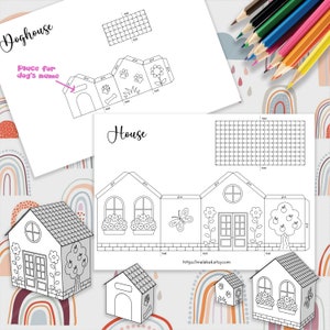 Paper House and doghouse template Printable Craft Sheets, Paper Craft Kit, Cut and Color pages Arts and Crafts for kids Coloring house