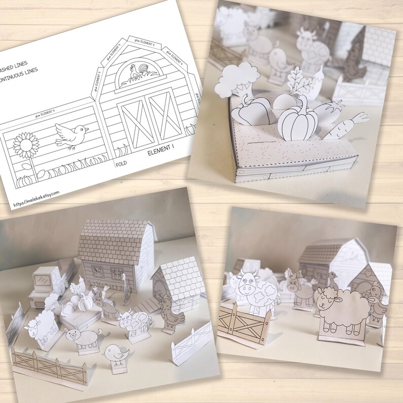 May include: A collection of paper farm animal and barn cutouts, including a cow, sheep, pig, and chicken. The set includes a barn template with instructions and a variety of vegetables. The website address is visible on the template.