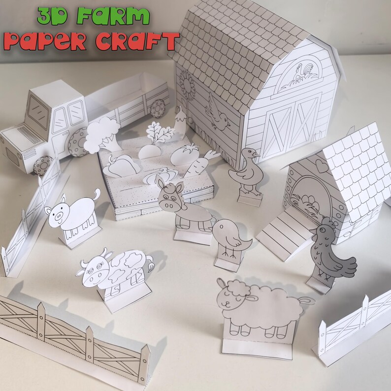 May include: A 3D farm paper craft set featuring a barn, truck, and various farm animals. The set includes a pig, cow, sheep, and other animals, along with a garden with vegetables. The text "3D FARM PAPER CRAFT" is visible.
