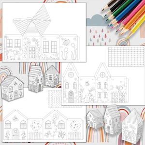 Modelli di case di carta, fogli di lavoro stampabili, fogli di attività, kit di carta, pagine da ritagliare e colorare, arti e mestieri per bambini, casa da colorare