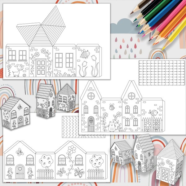 Paper Houses template Printable Craft Sheets, Activity Sheets, Paper Craft Kit, Cut and Color pages Arts and Crafts for kids Coloring house