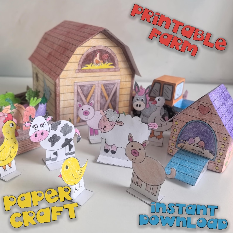 Farm 3d Paper template Printable Craft Sheets, Farm diorama, Activity Sheets, Paper Craft Kit, Farm Coloring pages, animals barn 3d paper image 2