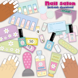 Puede incluir: Ilustración con temática de salón de manicura. Incluye botellas de esmalte de uñas, crema de manos, desinfectante de manos, diseños de uñas, dinero, tarjetas de cita y una lima de uñas. El texto "Nail Salon instant download" es visible.