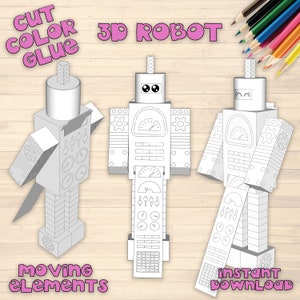 Modello robot Fogli artigianali stampabili, Fogli attività, Kit artigianale con la carta, Robot da colorare, robot 3d, set di robot giocattolo di carta, robot da piegare