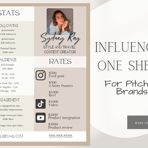 Influencer One Sheet | Influencer Media Kit Template | Influencer Rate Sheet | Blogger Template | Instagrammer Rate Card | Brand Pitch