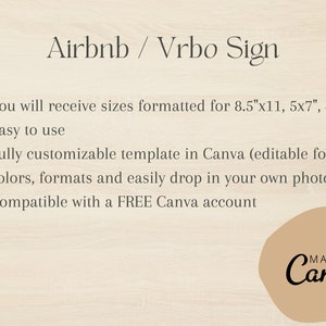 Puede incluir: Una descarga digital para una plantilla de cartel de Airbnb o Vrbo personalizable. La plantilla est&aacute; dise&ntilde;ada para ser utilizada en Canva e incluye tama&ntilde;os para impresiones de 8,5" x 11", 5" x 7" y 4" x 6". El texto "MADE IN Canva" es visible en la esquina inferior derecha de la imagen.