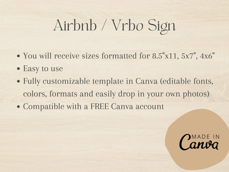 Puede incluir: Una descarga digital para una plantilla de cartel de Airbnb o Vrbo personalizable. La plantilla est&aacute; dise&ntilde;ada para ser utilizada en Canva e incluye tama&ntilde;os para impresiones de 8,5" x 11", 5" x 7" y 4" x 6". El texto "MADE IN Canva" es visible en la esquina inferior derecha de la imagen.