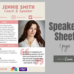 Speaker Sheet Template | Speaker One Sheet | Pink Speaker Sheet | Professional Speaker Sheet | Coaching One Sheet Template | Media Kit