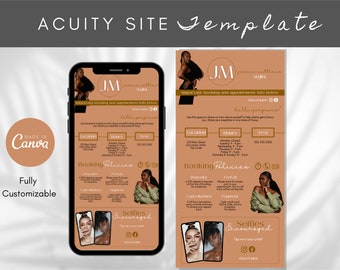 May include: A brown and gold mobile-friendly website template for booking appointments. The template features a photo of a woman with the text "JM" and "Hello Gorgeous!"  The template includes sections for location, hours, text, booking policies, and a call to action to book an appointment.