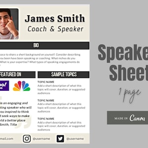 1 Page Speaker Sheet | Speaker One Sheet Template | Speaker Sheet Template | Professional Speaker Sheet | Speaker Sheet Canva | One Sheet