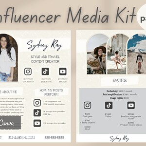 May include: A media kit for a style and travel content creator named Sydney Ray. The kit includes information about her social media following, engagement rates, and pricing for collaborations. The kit also includes a photo of Sydney Ray and a few photos of her in different travel settings.