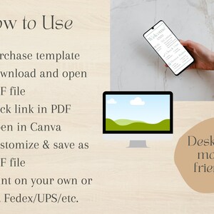 Puede incluir: Instrucciones sobre c&oacute;mo usar una plantilla digital. Los pasos incluyen comprar, descargar, abrir, personalizar e imprimir. La imagen tambi&eacute;n muestra una pantalla de computadora y un tel&eacute;fono m&oacute;vil que muestra un mensaje de bienvenida.