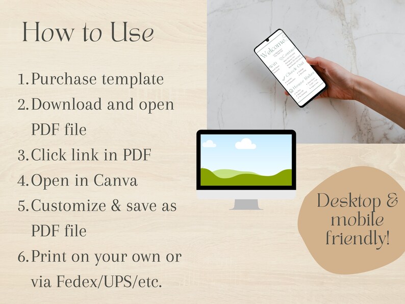 Puede incluir: Instrucciones sobre c&oacute;mo usar una plantilla digital. Los pasos incluyen comprar, descargar, abrir, personalizar e imprimir. La imagen tambi&eacute;n muestra una pantalla de computadora y un tel&eacute;fono m&oacute;vil que muestra un mensaje de bienvenida.