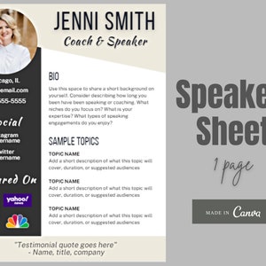 Speaker Sheet | Speaker One Sheet Template | Canva Template | Speaker Sheet Template | Professional Speaker Sheet | Speaker Sheet Canva