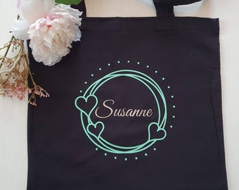 Personalized jute bag with name, floral design