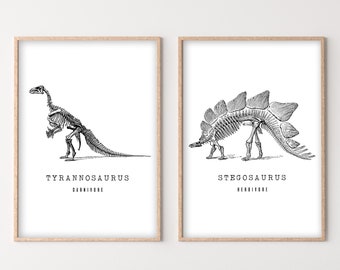 Dinosaur Prints with Black and White Wall Art, Animals Wall Art Decor set of 2, Dinosaur Nursery Decor, T-REX Prints, Aesthetic Wall Hanging