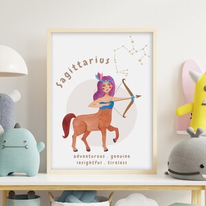 Imprimible SAGITARIO Zodiac vivero arte de la pared, signos de nacimiento para niños niño o niña decoración de la pared, colgante de la pared del horóscopo, decoración linda de la habitación del bebé
