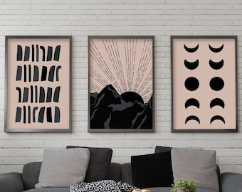 Printable Landscape Boho Black Wall Art, set of 3 Gallery Wall Decor, Abstract Boho Decor, Aesthetic Black and Pink Wall Art, Mountain Art