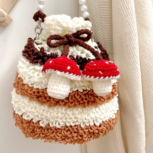 Mushroom Crochet Drawstring Bag, Handmade Cottagecore Purse, Kawaii Mushroom Bucket Bag, Fairycore Crochet Handbag, Whimsical Handbag