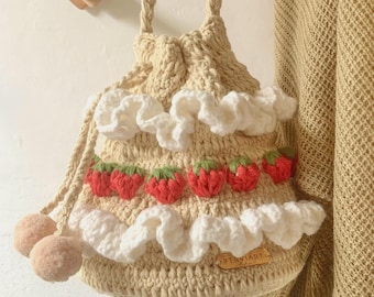 Strawberry Crochet Drawstring Bag, Cottagecore Crossbody Purse, Handmade Kawaii Strawberry Bag, Cute Cotton Bucket Bag, Fairycore Gift