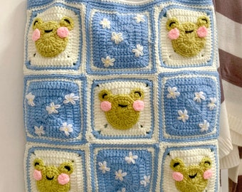 Frog Crochet Tote Bag, Handmade Granny Square Bag, Cute Frog Purse, Cottagecore Shoulder Bag, Kawaii Crochet Tote, Frog Lover Gift